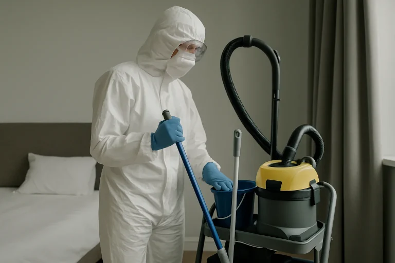 Professionnel en tenue de protection nettoyant une chambre après un décès non découvert, outils visibles.
