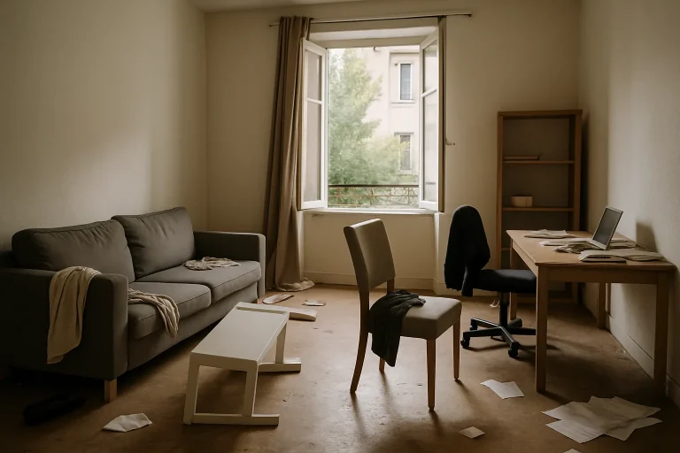 Appartement en désordre avec mobilier déplacé et salissures après expulsion de squatteurs.
