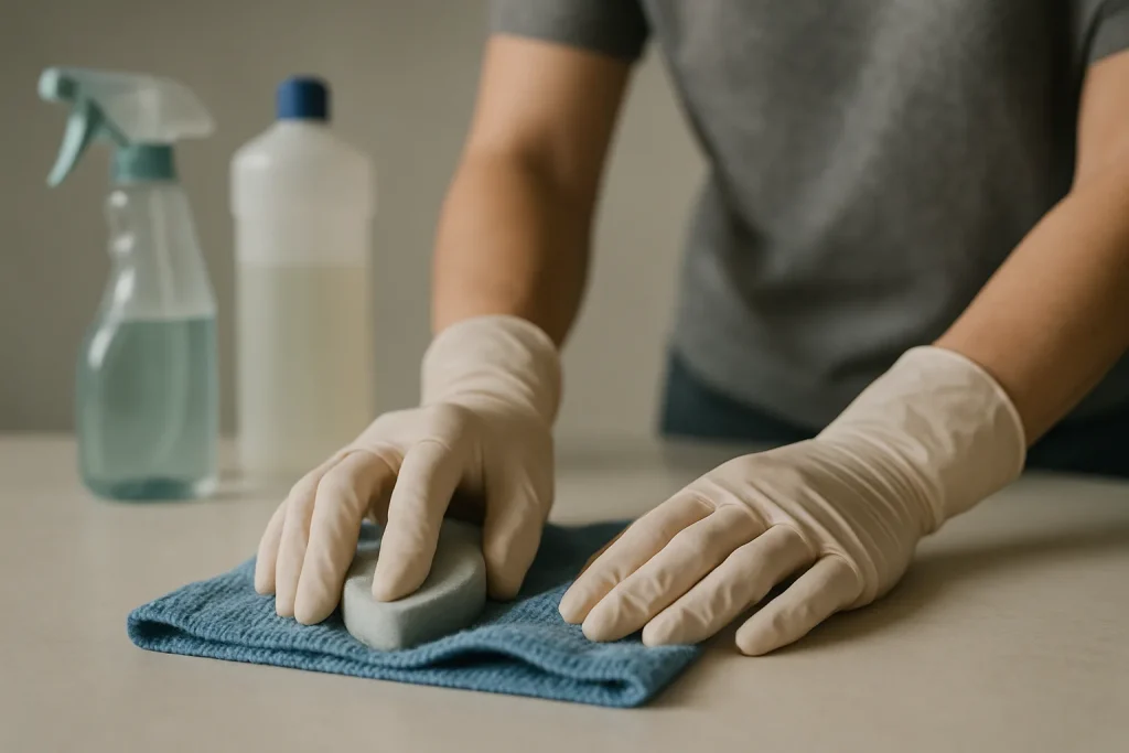 Mains gantées nettoyant une surface après une intervention funéraire, produits en arrière-plan