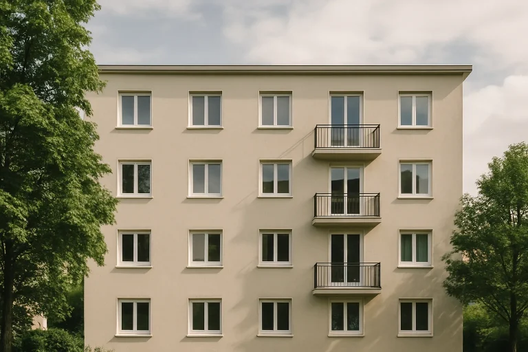 Façade d'un immeuble résidentiel avec des arbres en avant-plan.