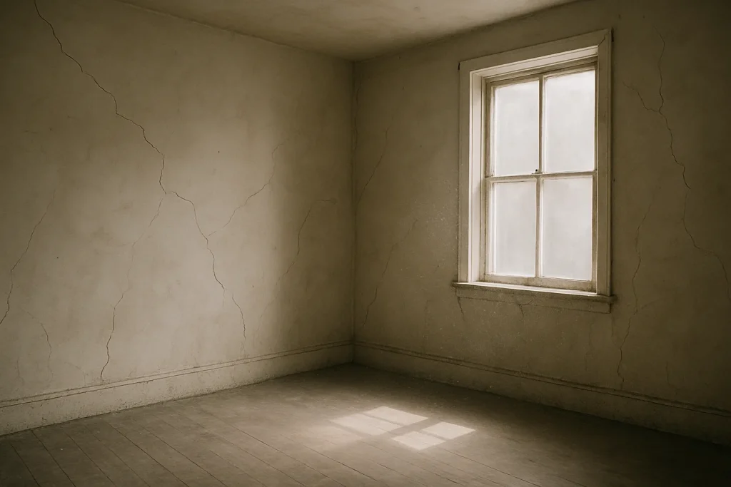 Intérieur d'un appartement vide avec murs fissurés et lumière douce entrant par une fenêtre.