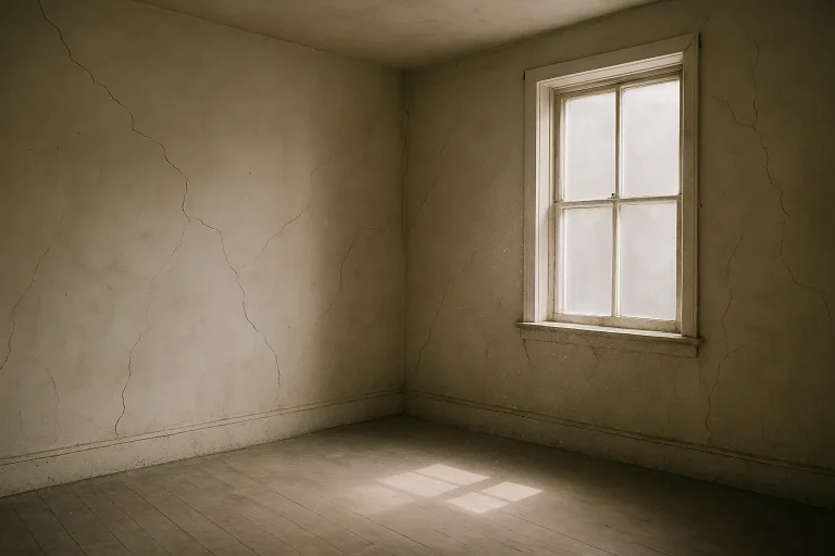 Intérieur d'un appartement vide avec murs fissurés et lumière douce entrant par une fenêtre.