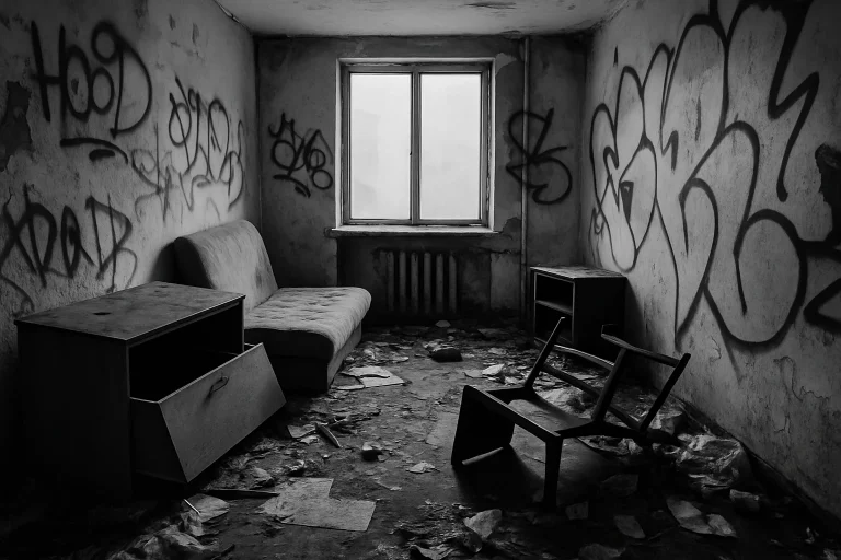 Appartement en désordre avec graffitis et meubles renversés après occupation illégale.