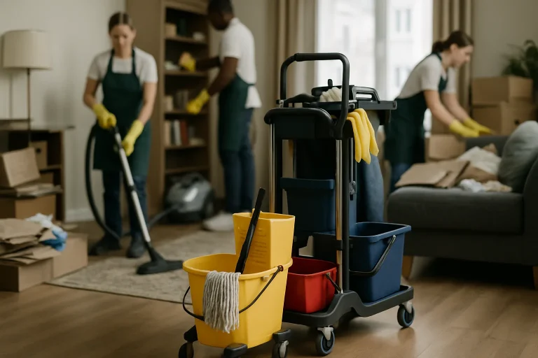 Équipe de nettoyage utilisant des équipements avant l'arrivée de l'expert dans un appartement encombré.