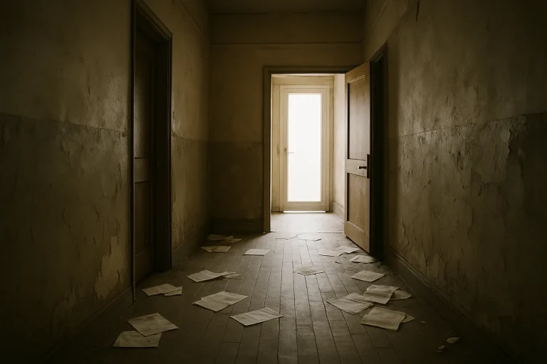 Couloir avec murs délabrés et sol encombré de papiers après un squat.